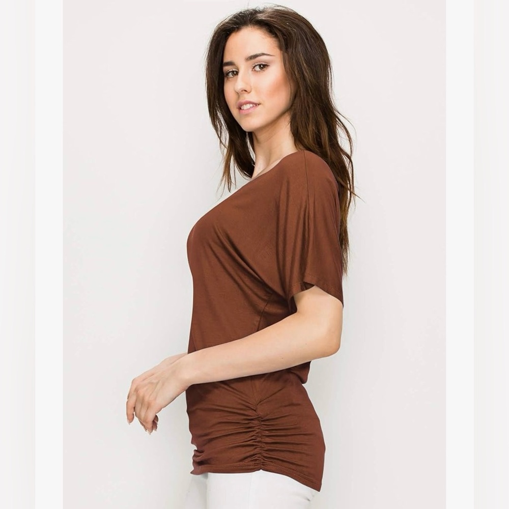 Solid Short Sleeve Boat Neck/V Neck Dolman Top T Shirt with Side Shirring - Picture 5 of 6